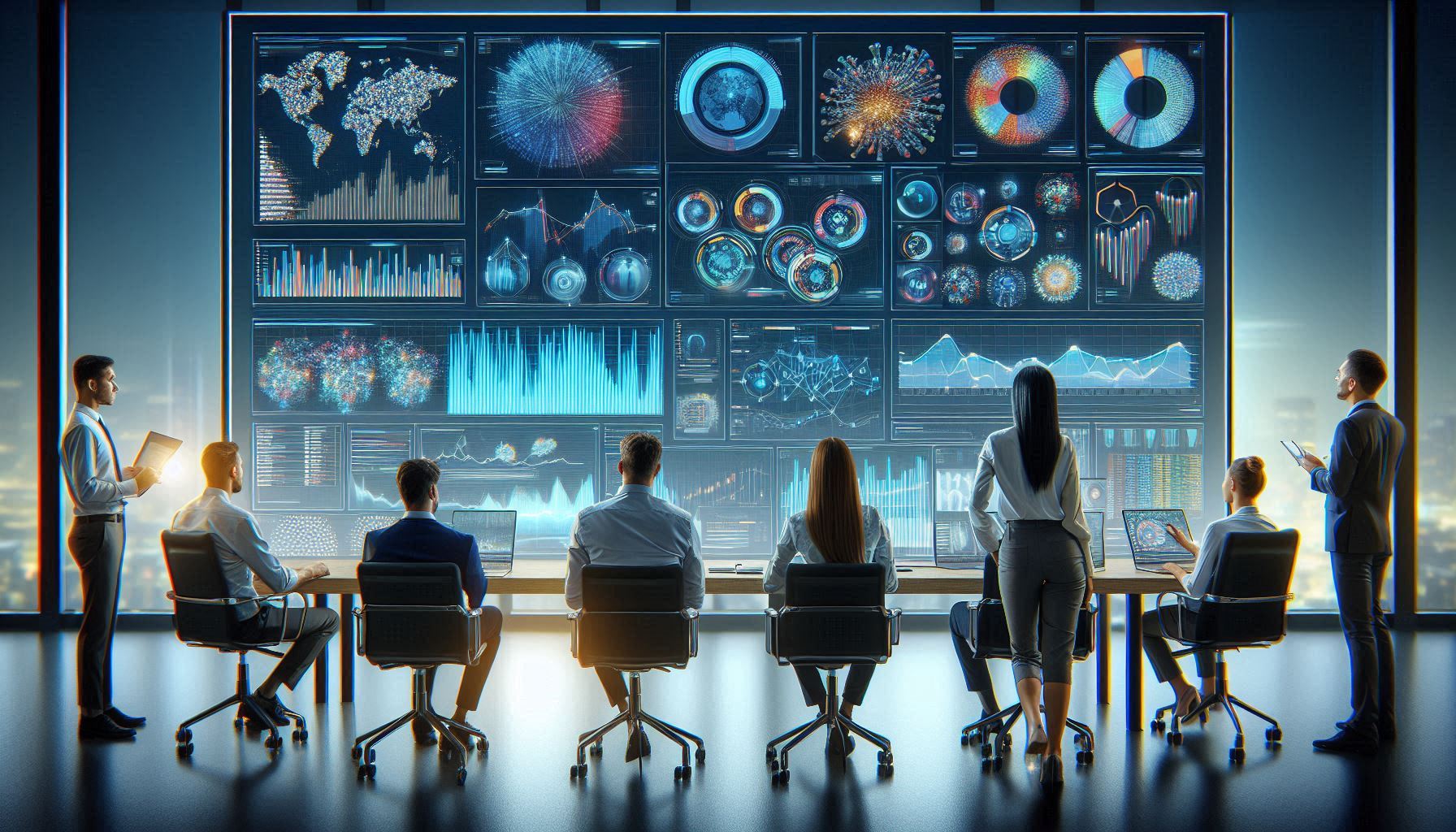 A team of business analysts analyzing data visualizations on a large screen